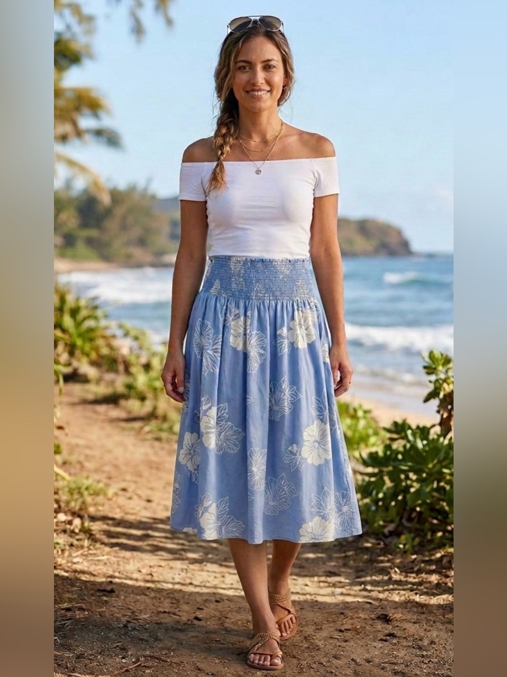 Nani Hawaii for Liberty House Vintage Blue Hibiscus Smocked Midi Skirt ML